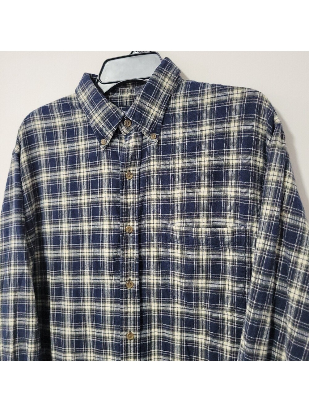 Vintage Lands' End Button Down Shirt Mens L Navy Cream Plaid Flannel 90s